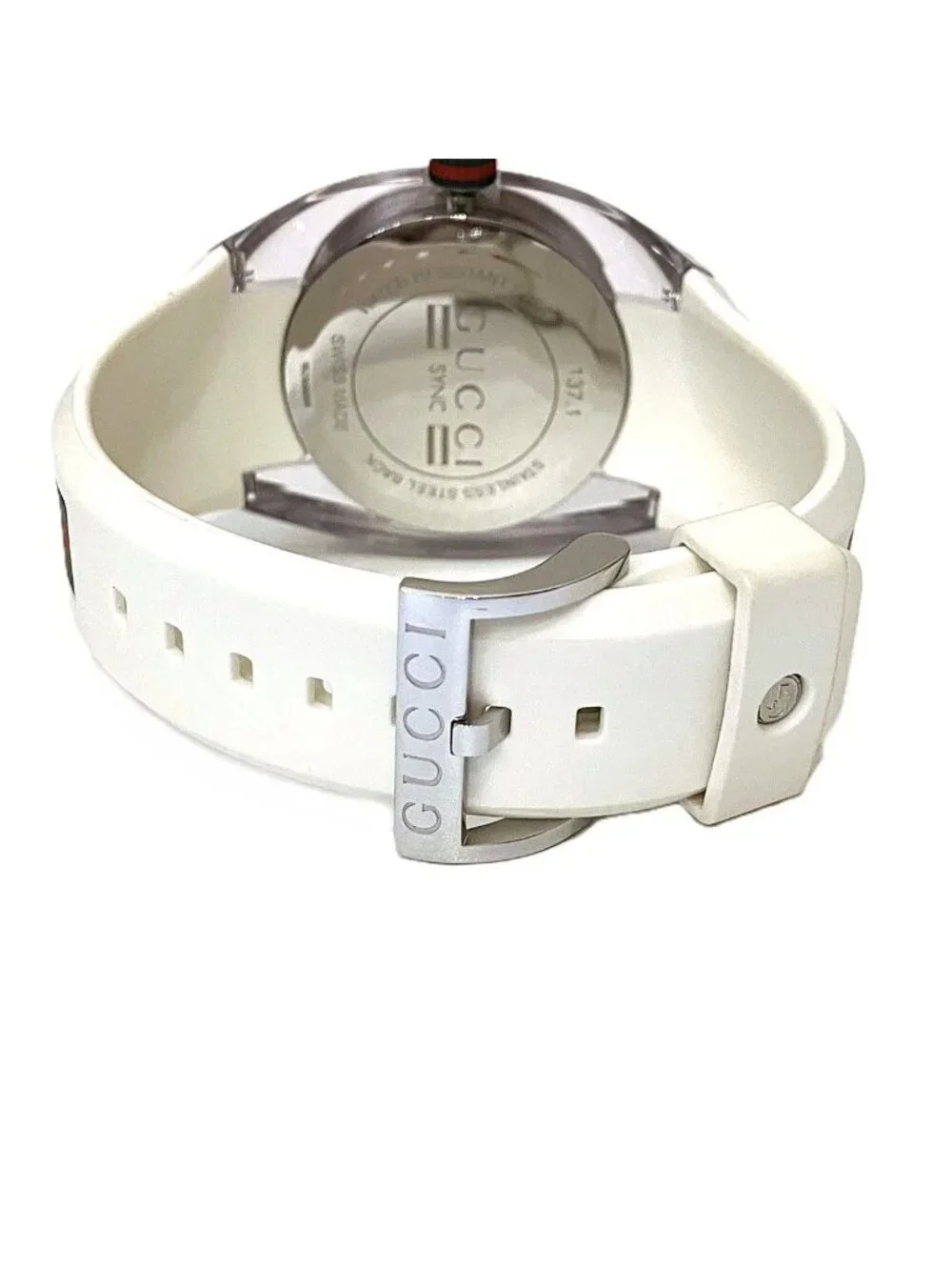 Gucci Sync Sherry Watch SS Rubber Quartz Silver Dial 137.1